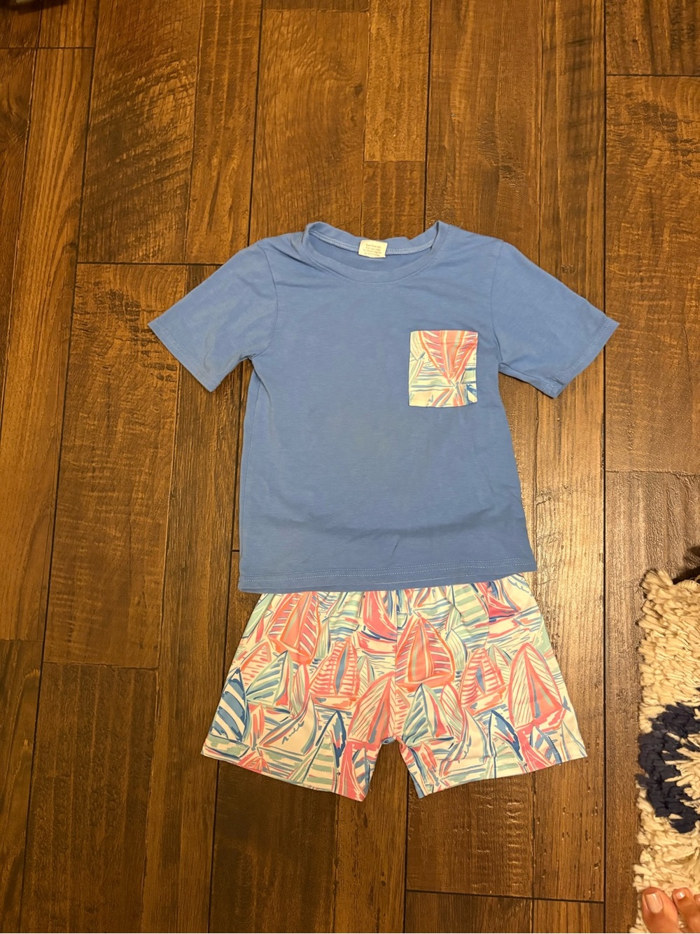 Blue Tee with Sailboat Pocket + Sailboat Print Shorts Set